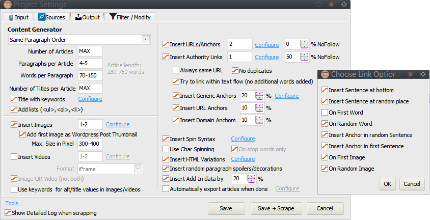 Project Output Options